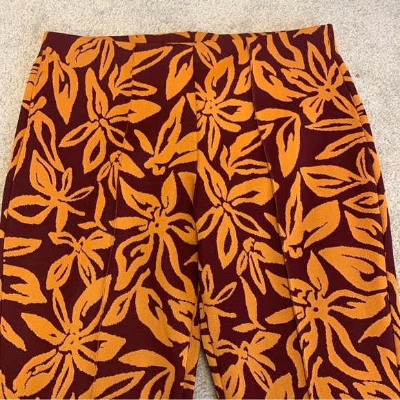 Zara red orange flared floral tropical Jacquard stretchy pants Sz L - Picture 4 of 12
